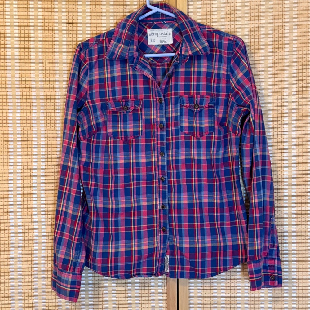 Aeropostale Womens Blue Pink‎ Plaid Long Sleeve Button Down Shirt L Western Work